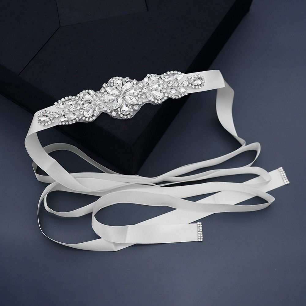 Bridal Sash Ribbon - Серебристый свадебный пояс со стразами, атласная